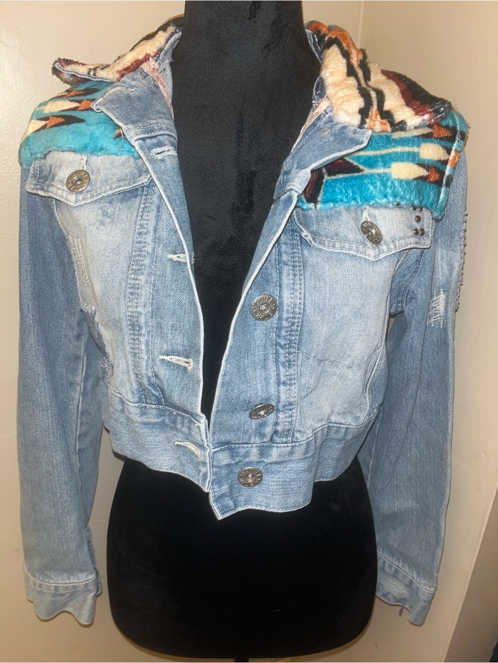 UpCycled Cropped Denim Jacket with Western Print hand stitched patches/rivets Sm
